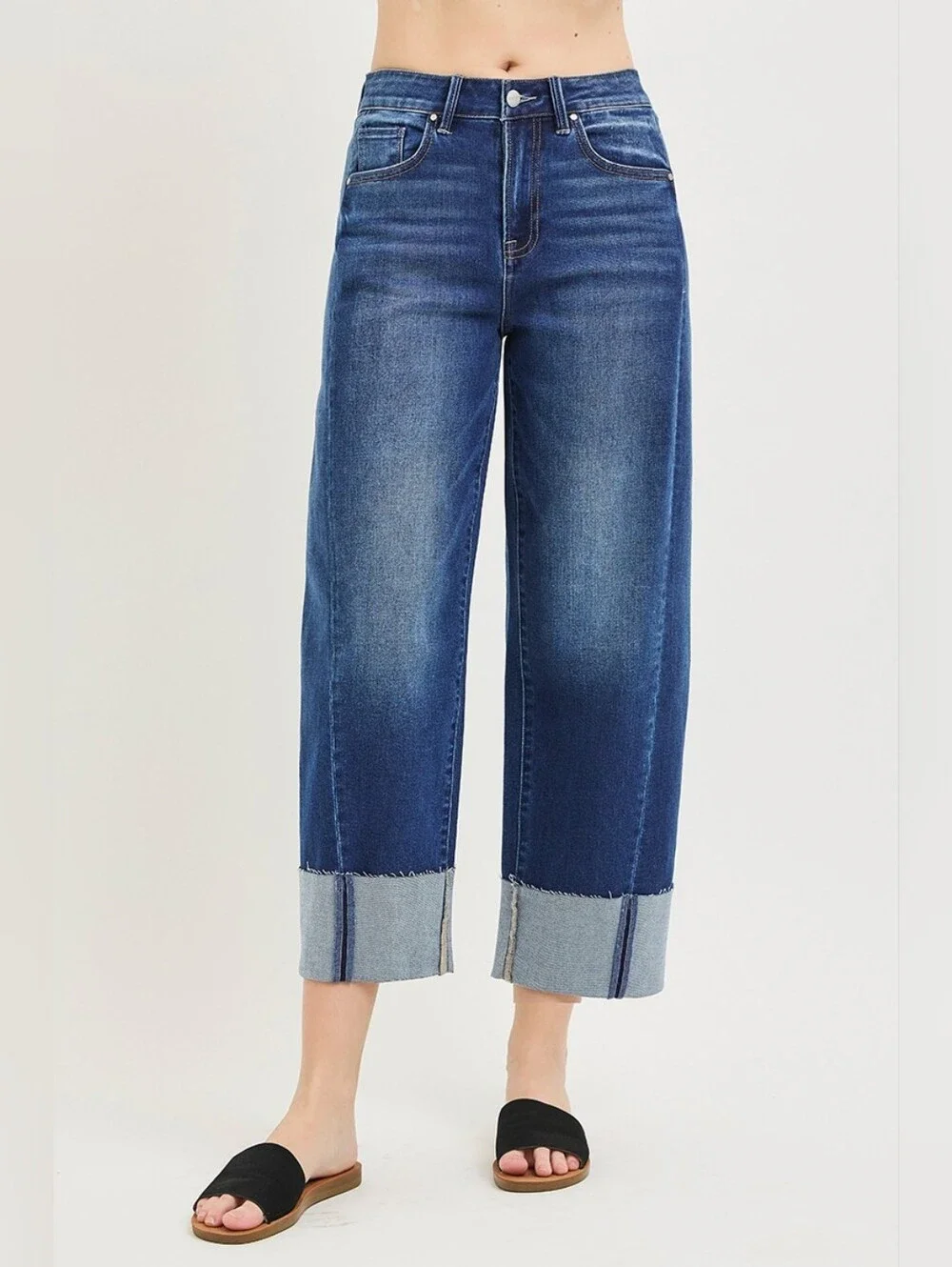 RISEN Dark Wash Slouchy Cuffed Barrel Jeans Stretch Relaxed Various Plus NEW - Picture 3 of 6